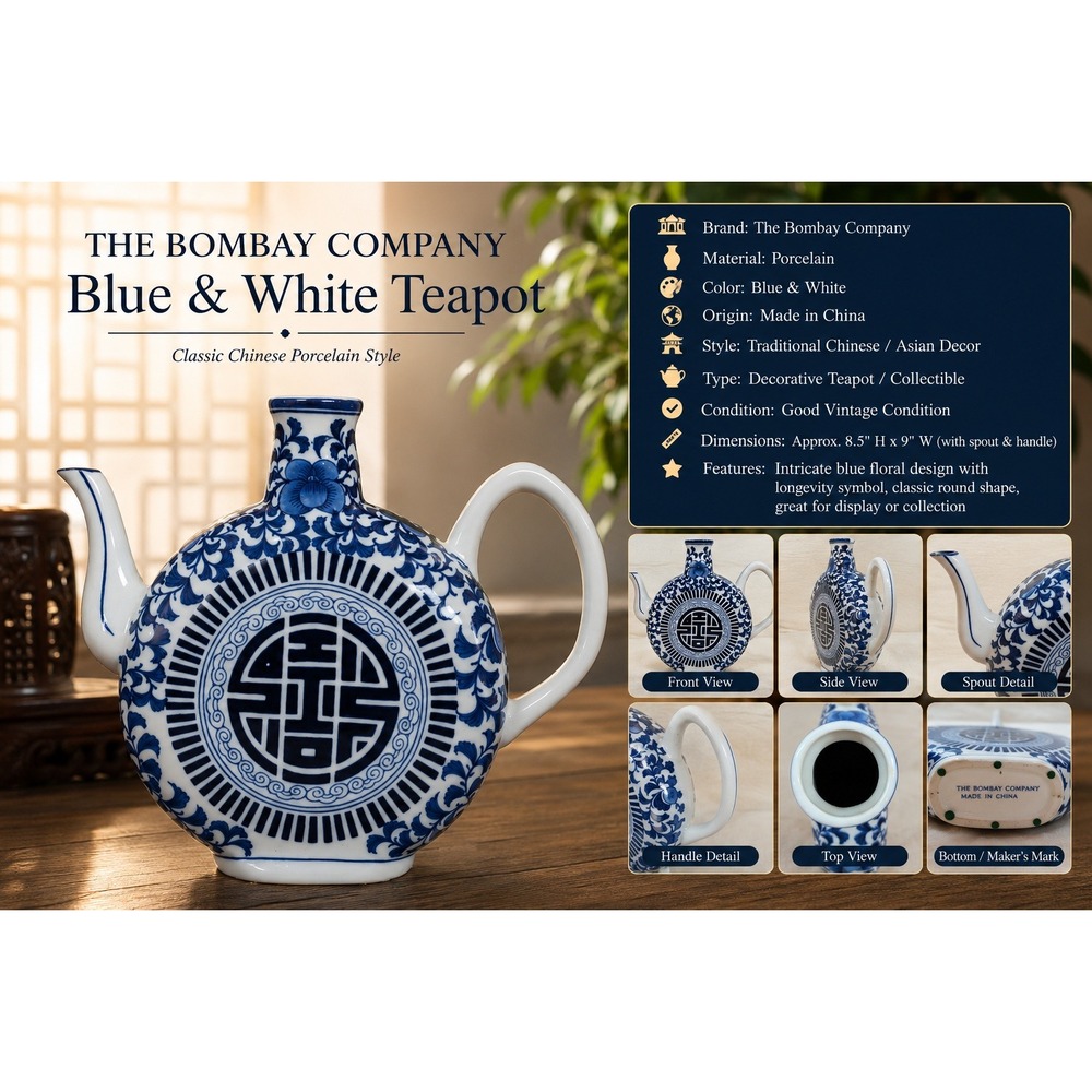 Bombay Company Blue and White Porcelain Teapot Chinese Longevity Moon Flask Styl